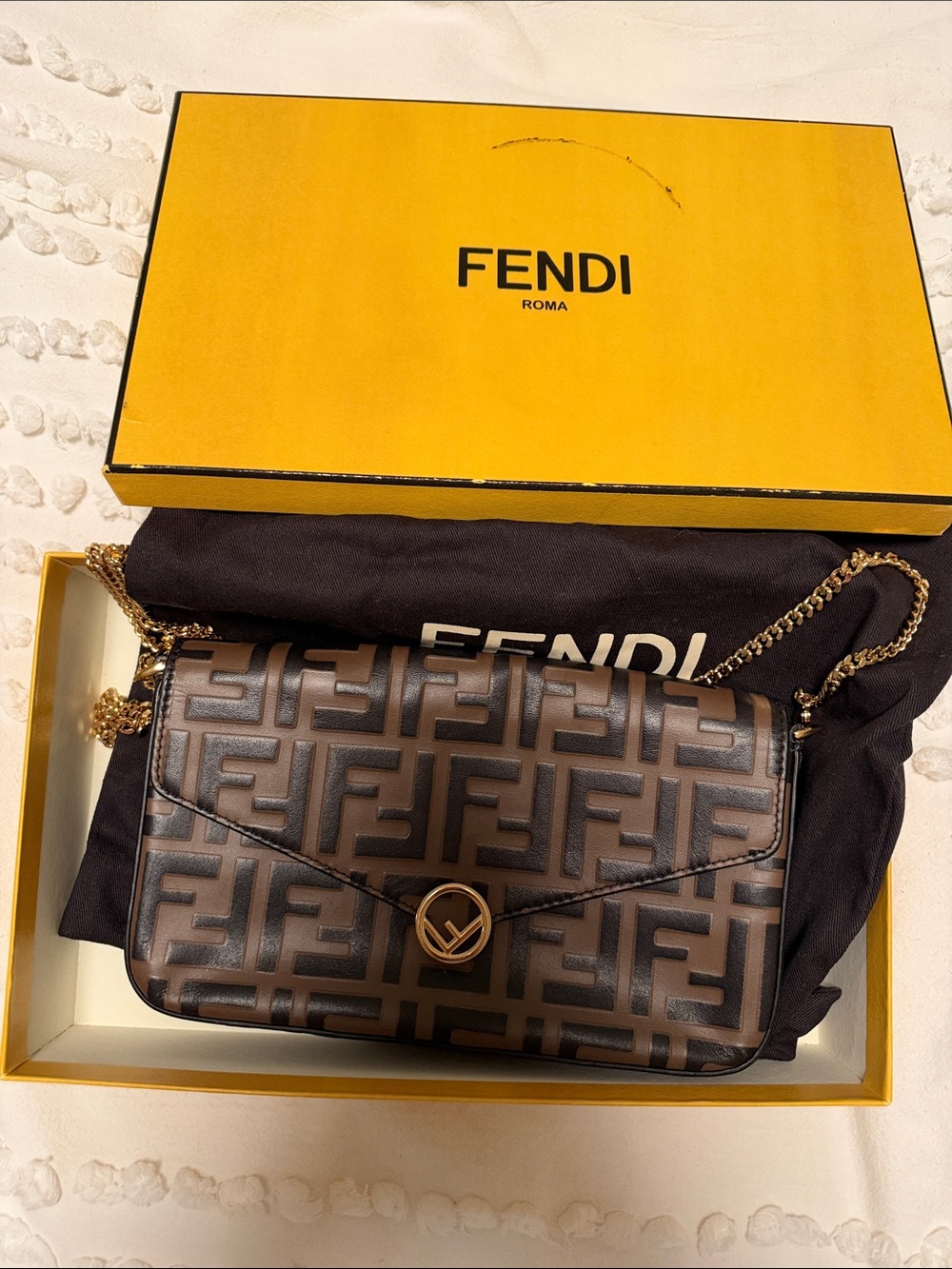 Fendi Brown FF Logo Envelope Crossbody with Gold Chain